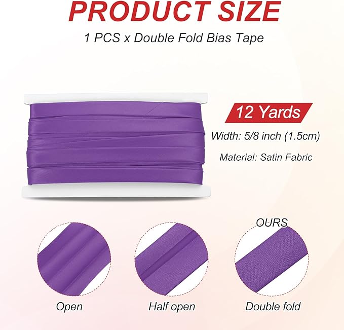 MECCANIXITY Double Fold Bias Tape for Sewing 5/8 Inch x 12 Yards Satin Pre-fold Continuous Binding Tape for Seaming Quilting Hemming Binding DIY Crafts, Purple