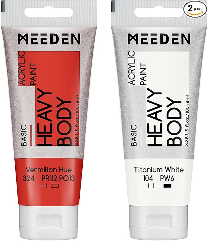 MEEDEN Acrylic Paint Vermilion Hue: Bundled with Titanium White Color - 100ml/3.38oz x 2 Bulk Heavy Body Acrylic Paint Tubes for Art Craft Painting