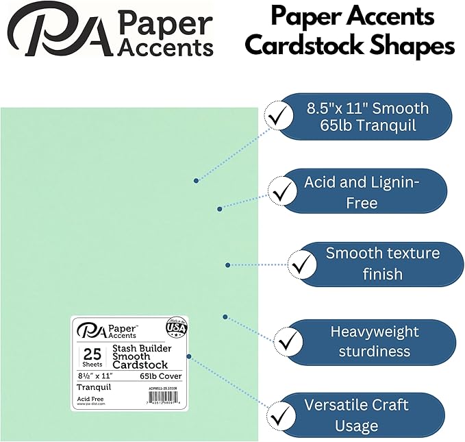 PA Paper Accents Stash Builder Cardstock 8.5" x 11" Tranquil, 65lb colored cardstock paper for card making, scrapbooking, printing, quilling and crafts, 25 piece pack