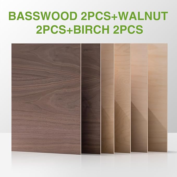 ROBOTIME 6-Pack Laser Wood Sheets 1/8" - 12 x 16 x 1/8 Inch - Basswood 2Pcs & Walnut 2Pcs & Birch 2Pcs - 3mm Plywood Sheets for Laser Cutting, Engraving & Wood Burning (Pyrography)