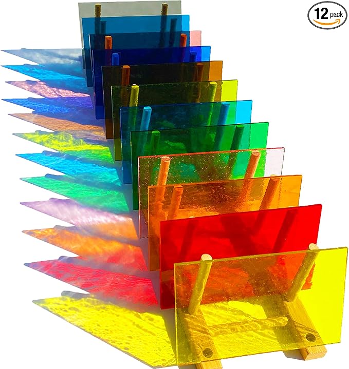 ILLUCKAI 12 Sheets Transparent Stained Glass Sheet Rainbow Colors, 6 x 4 inch Stained Glass Supplies Mosaic Glass Tiles for Stained Glass Artwork Mosaic Crafts