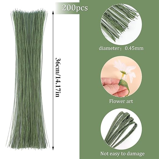 200 Pcs Floral Wire 26 Gauge Crafts Florist Green Floral Wire for Crafts Bouquet Stem Wreath Making Flower Arrangement Supplies (Green,14 Inch)