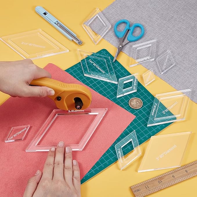 BENECREAT 16 Sizes Diamond Quilting Template, Acrylic Intricate Sewing Machine Ruler, Transparent Pressure Plate Router Template for DIY Hand Patchwork Cutting Craft, 6mm Thick