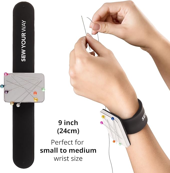 Sew Your Way Magnetic Pin Cushion Wristband Black 9" – Strong Pin Holder for Sewing & Quilting | Gift for Sewers Gift for Quilters | Top Sewing Notion & Quilting Accessory | Wrist Pin Cushion