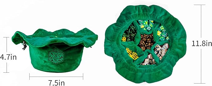 Large Dice Bags D&D with Pockets Green Storage Bag D20 Logo for DND RPG Game Dices - Capacity 200+ Dice