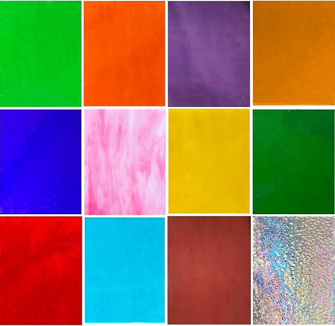 ILLUCKAI 12 Sheets Rainbow Transparent Stained Glass Sheet, 4 x 6 inch Cathedral Art Glass Supplies for Stained Glass Projects and Mosaic Making Crafts