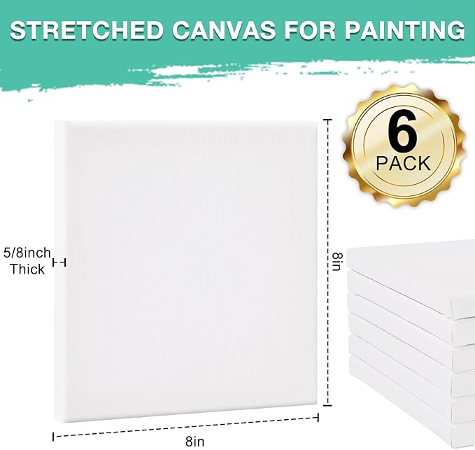 ESRICH Stretched Canvas, 6 Pack 8x8, Primed Acid-Free, Wood Framed Blank Canvas, Art Canvases for Beginners, Artists, Used for Oil, Acrylic Paint, Pouring Painting