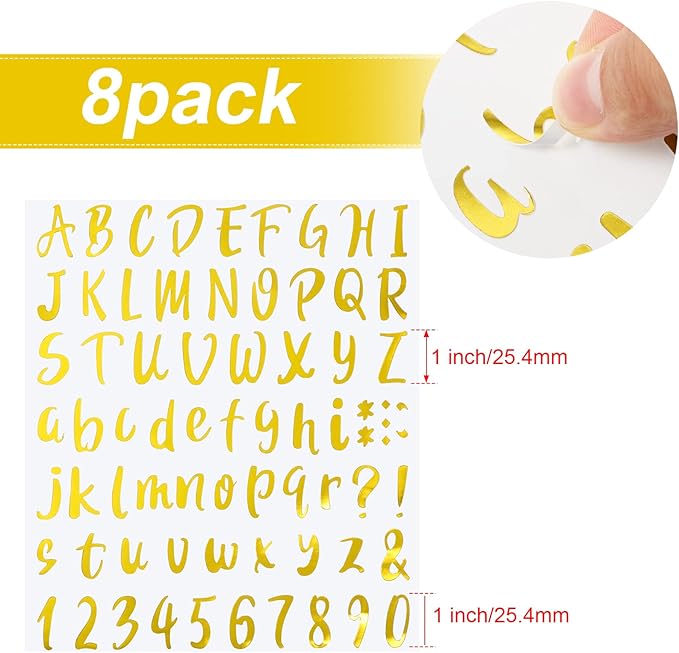 Outus 576 Pieces 8 Sheets Letters Stickers Self Adhesive Vinyl Letter Alphabet Number Stickers Mailbox Numbers Sticker, Decals for Classroom Decor, Sign, Door(Gold,1 Inch)