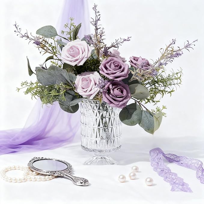 Artificial Flowers Foam Fake Roses 25pcs Series Purple Colors Roses with Stems for Home Decor DIY Wedding Bouquets Party Bridal Shower Centerpieces Faux Flower Arrangements Tables Decorations