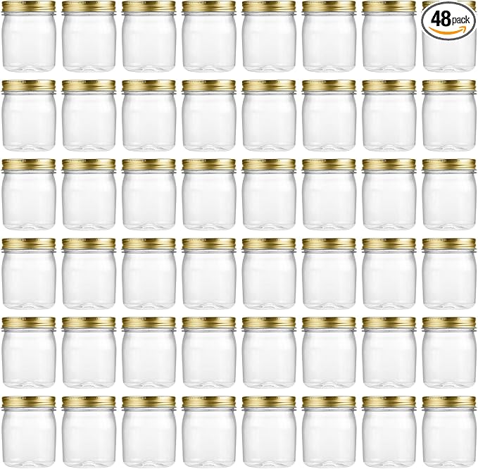 novelinks 8 oz Clear Plastic Jars with Screw-On Lids - BPA-Free Refillable Storage Containers for Slime, Spices, Crafts, Kitchen & Home Organization (48 Pack,Gold)