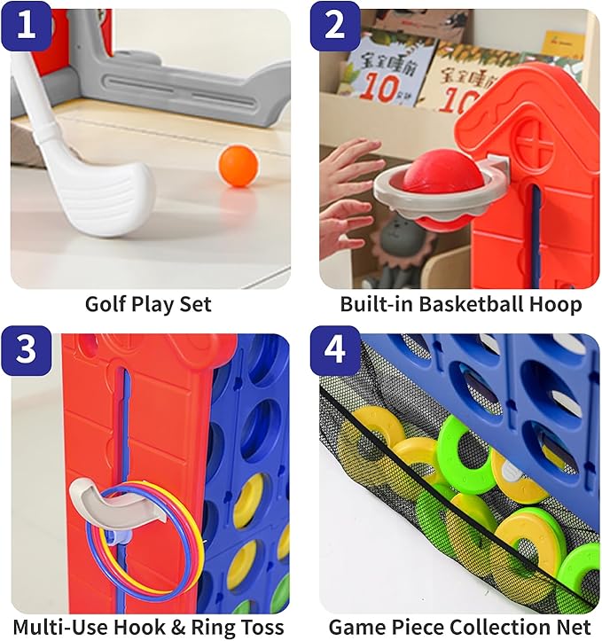 UNICOO Giant 4 in A Row Game with Carry Bag, Basketball Hoop, Ring Toss Game, 4-to-Score Game | Large Outdoor Yard Game, Parties & Gatherings Games
