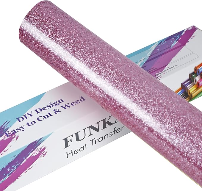 FUNKAKA Glitter Pink HTV Heat Transfer Vinyl Rolls, 12" x 8ft PU Iron on Vinyl for T-Shirt Pink Glitter HTV Vinyl for All Cutter Machines Easy to Cut & Weed for Heat Vinyl Design