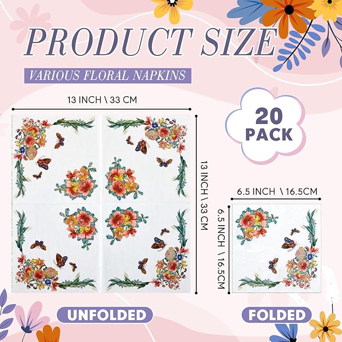 Crtiin 20 Pack Assorted Floral Napkins for Decoupage Toilet Napkins Flower Cocktail Decorative Paper for Birthday Party Beautiful Gorgeous, 20 Styles Each 6.5 inches(Style 1)
