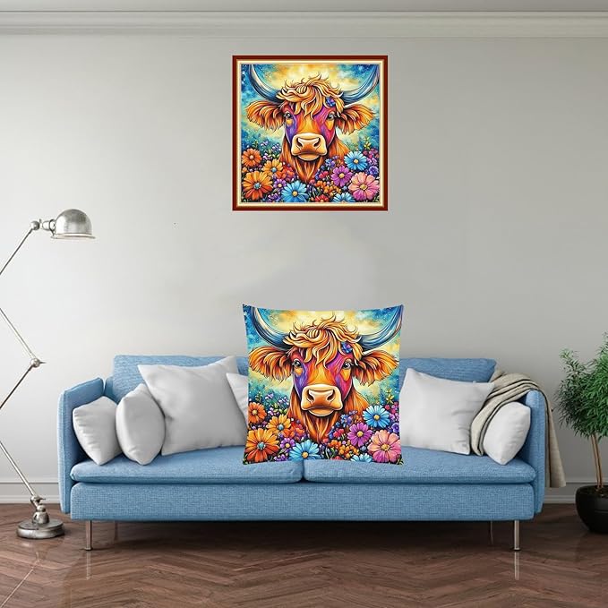 Fanxvivy Stamped Cross Stitch Kits for Adults Beginners Pillow Needlepoint Kit with Embroidery Pattern Needlework Kit Prestamped Stitches Kit 11CT Cross Stitching-Colorful Cow Flowers 18x18 inch