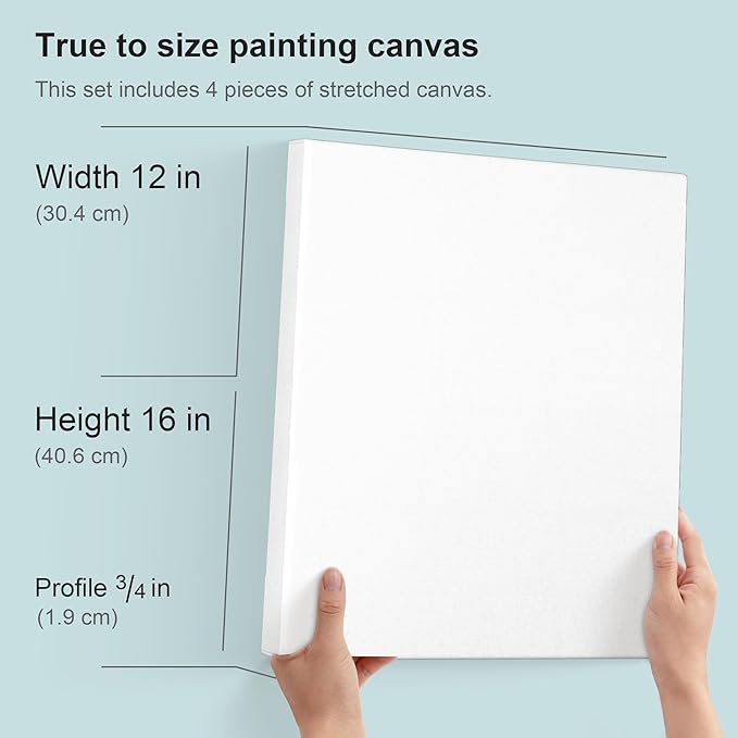 PHOENIX 12x16 Inch 4 Pack Artist Canvas - Stretched Canvases for Painting - 3/4 Inch Profile, 100% Cotton 11 Oz. Gesso Primed White Blank Professional Canvas Oil & Acrylic Paints