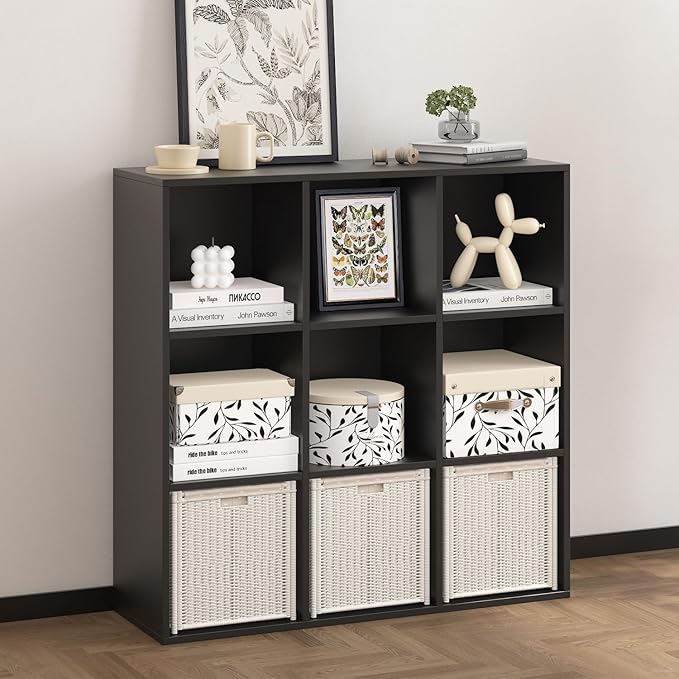 Wooden 9 Cube Storage Organizer with Closed Back Panel,Black Cube Shelf Heavy Duty Cubby Storage Organizer with Compartments for Living,Display Shelf,Bookshelf