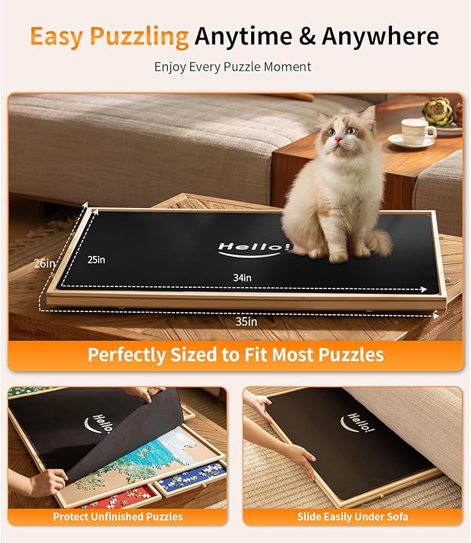 1500 Piece Rotating Puzzle Board Pro, 34" x 25" with 6 Drawers, Rubber Cover Mat, 360° Lasy Susan, Sort-Wise Colorful Felt Drawers & 4 Trays, Wooden Jigsaw Puzzle Table, Birthday Gifts for Mom
