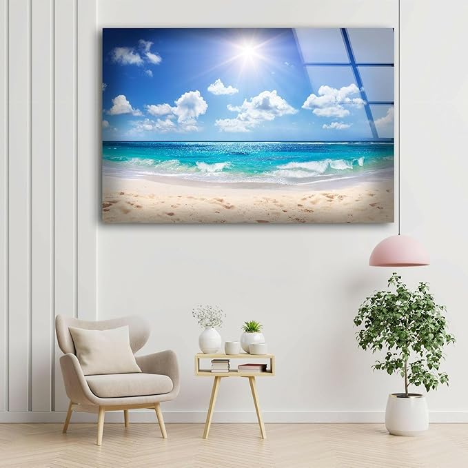 My Photostation.com 60WX40H'' Summer Beach Landscape Glass Wall ArtTempered Glass Printing Wall Decor Large Wall Art Wall Hangings