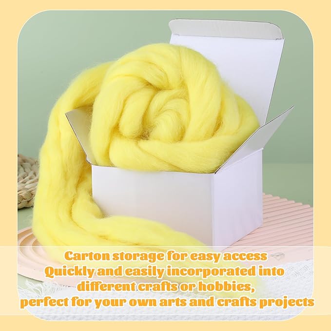 3.53oz Wool Roving Yarn, Fiber Roving Wool Top, Needle Felting Supplies, Pure Wools, Chunky Yarn, Spinning Wools for Needle Felting Wet DIY Hand Spinning (Light Yellow)