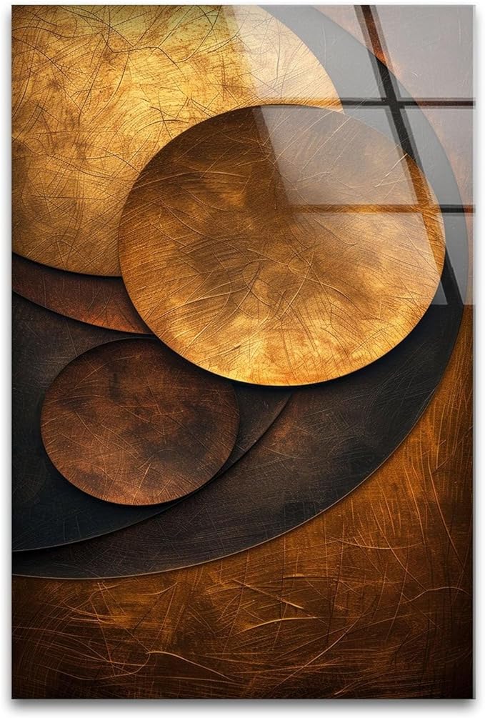 My Photostation.com Round 24'' Bronze Art Deco Geometric Motifs Glass Wall Art Tempered Glass Printing Wall Decor Large Wall Art Wall Hangings