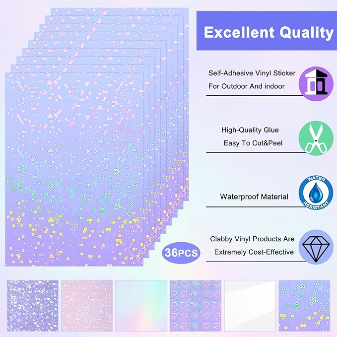 Clabby 36 Sheets Holographic Sticker Paper A4 Vinyl Sticker Paper Self Adhesive Waterproof Transparent Film, 11.7 x 8.3 inches (Gem, Dot, Colorful, Star, Heart, Glossy Clear)