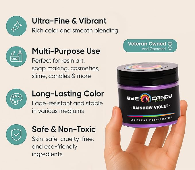 Eye Candy Pigments Premium Purple Mica Powder - Rainbow Violet (50gr) - for Epoxy, Resin, Soap, Paint, Woodworking, Acrylic Pouring, Bath Bombs, Fishing Lures - DIY Arts and Crafts Additive