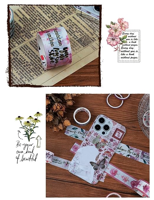 MAFELOE Decorative Vintage Washi Tapes Set 20 Rolls 2 Meters Long, Adhesive Scrapbook Junk Journaling Art Craft Collage Supplies-Forest Dream Series-Pink (WT-M4-SLMJ)
