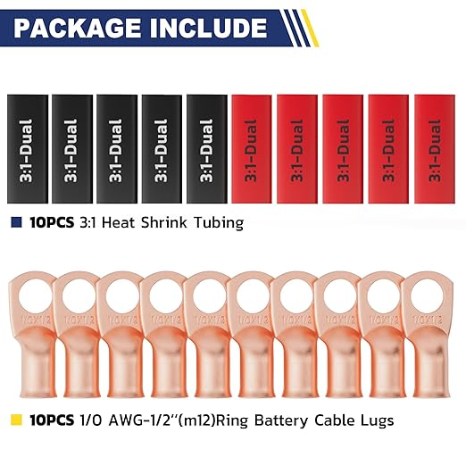 haisstronica 10pcs 1/0 AWG - 1/2" (M12) Battery Cable Lugs, Heavy Duty Copper Wire Lugs with 10pcs 3:1 Adhesive Heat Shrink Tubing,0 Gauge Wire Connectors Battery Terminal Connector,Battery Cable Ends
