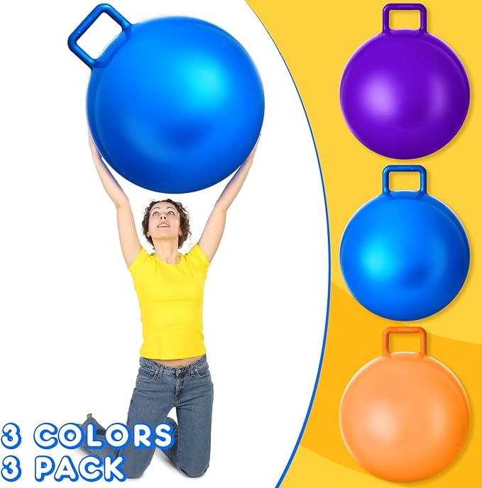 Lewtemi 3 Pcs 31 Inch Bouncing Ball with Handle, Outdoors Hopper Jumping Hopping Ball and Air Pump for Sports Exercise (Orange, Blue, Purple)