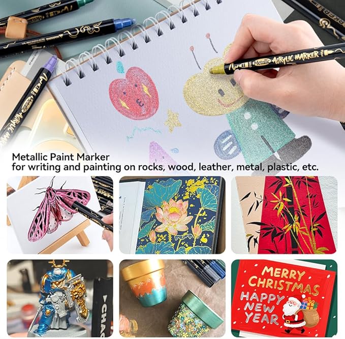 TRANSON 12Colors Metallic Paint Markers Bold and Fine Dual-tip for Rock Wood Ceramic Canvas DIY Painting Drawing