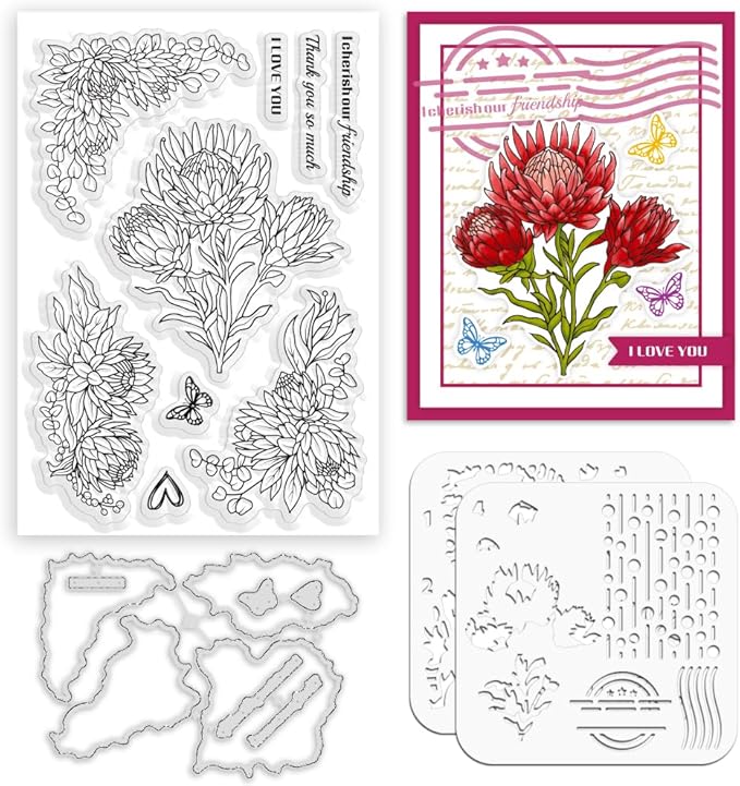 ORIGACH Realistic Protea Cynaroides Flower Layering Stencil Stamp and Die Set for Card Making, Silicone Stamps Metal Die Cut and Template for Card Making Scrapbooking DIY Crafting