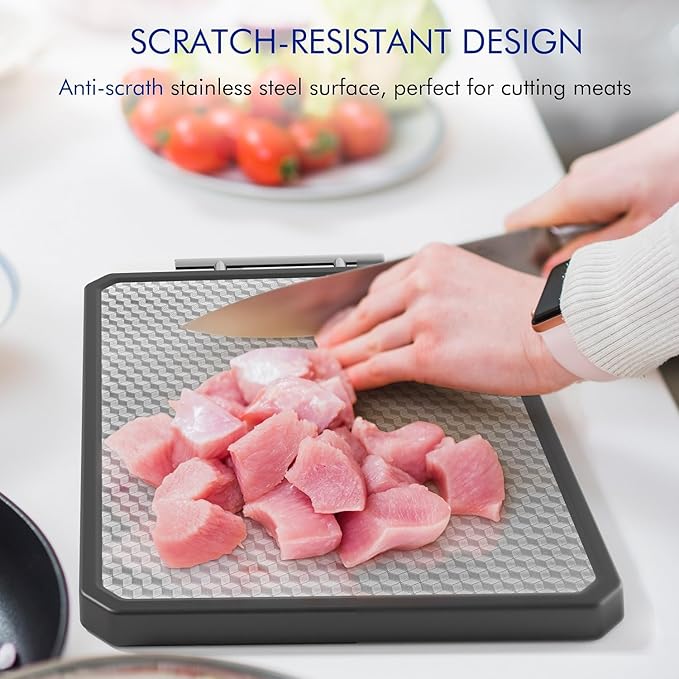 Stainless Steel Cutting Board, Scratch-resistant Cutting Board for Kitchen, 16 * 11 inch Double Sided Chopping Board, 304 Stainless Steel and Food-Grade Wheat Straw PP, Dishwasher Safe