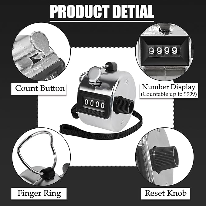 GDMINLO Metal Hand Tally Clicker Counter, 4-Digit Number Count Clicker with Metal Case Mechanical Counter for Coaching, Knitting, Lap, Fishing, Golf and Row with 2-Nylon Lanyard,Silver