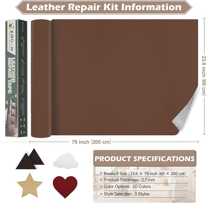 Leather Repair Tape, 23.6x79 inch Leather Patches for Furniture, Self Adhesive Leather Repair Patch for Sofas, Couches, Leather Covers, Seats, Chairs, Vinyl Repair Tape Dark Brown