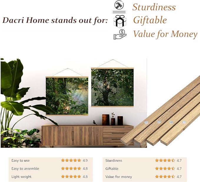DACRI HOME Magnetic Poster Hanger Frame - Teak Wood, 12 inch Sturdy Magnetic Frame with Strong Magnets for Hanging Posters, Pictures, Scroll Wall Art, 12x16 12x18 12x24, Natural Wood