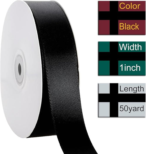 1 Inch Black Ribbon, 50 Yards Craft Polyester Satin Ribbon Perfect for Gift Wrapping, Handmade Roses, Wedding Party Decorations and DIY Crafts