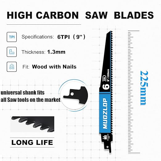2 Pack 9 inch Reciprocating Saw Blades Set， 6 TPI High Carbon Saw Blades for Wood with Nails ，Saw Blades with Organizer Case (2, 6T/9inch)