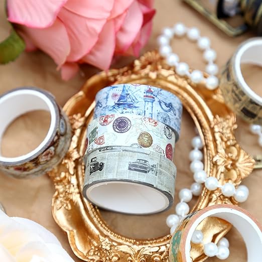 Washi Tape Set 16 Rolls, Decorative Tape, Vintage Washi Tape, Craft Tape, Scrapbook Tape, Washi Tape for Journaling, Washy Tape, Travel Washi Tapes