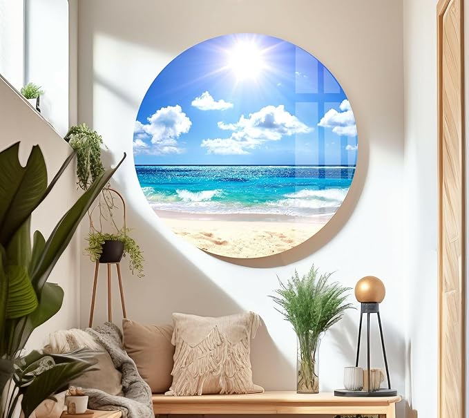 My Photostation.com Round 24'' Summer Beach Landscape Glass Wall ArtTempered Glass Printing Wall Decor Large Wall Art Wall Hangings