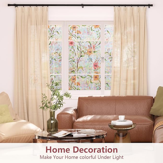 NINETREX Window Privacy Film,Stained Glass Window Film,Rainbow Decorative Stickers Static Cling Anti UV Heat Control for Home Decor (Galsang Flower,17.5 x 78.7inch)