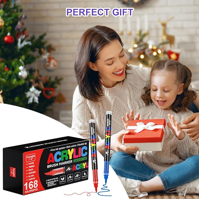 DICEKOO 168 Colors Acrylic Paint Markers, Soft Brush Tip Pens with Automatic Ink Control System, Waterproof, Quick-Drying, Lightfast, for Rock Painting, Canvas, Wood, Egg & DIY Crafts Art Supplies
