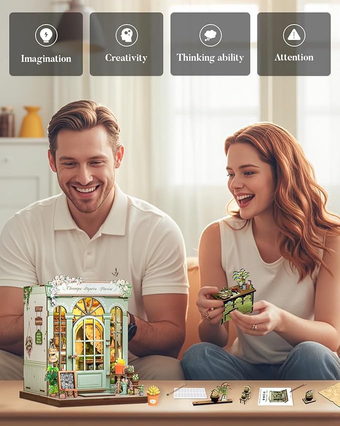 Cutefun Book Nook Kit - DIY Miniature Dollhouse Kit 3D Creative Decorative Bookend 3D Wooden Puzzle for Adults, Bookshelf Insert Room Decor with LED Light (Champs-Élysées Florist)