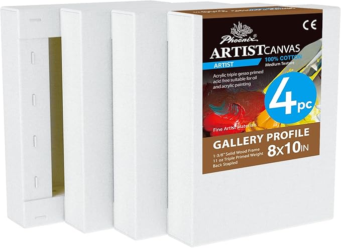 PHOENIX 8x10 Inch 4 Pack Gallery Canvas - 1.5 in Thick Small Canvases for Painting - Deep Edge 100% Cotton 11 Oz. Gesso Primed White Blank Professional Canvas Oil & Acrylic Paints