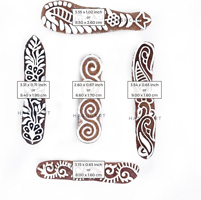 Hashcart | Set of 5 | Finger Shapes Wooden Printing Stamps for Saree Border Heena Clay Kids Art Project, Tattoo Handcarved Indian Textile Printing Blocks