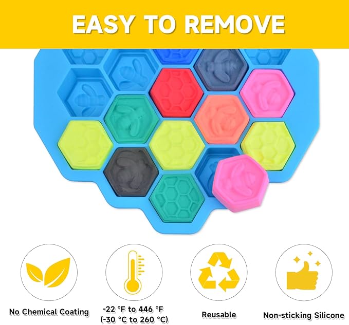 3Pcs Honeycomb Bees Silicone Molds, XJMWXHFC 19 Cavities Chocolate Molds, Food Grade Silicone Baking Molds, Non-Stick Cake Mold for Chocolate, Candy, Jelly, Ice Cube, Mini Cakes (Pink, Green, Blue)