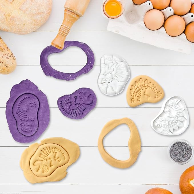 4 Pcs Dinosaur Cookie Cutters Dinosaur Skeleton Fossil Cookie Cutters Stegosaurus T-Rex Tanystropheus Triceratops Bone Fossil Mold for Stamp Baking Dinosaur Biscuits Enthusiasts