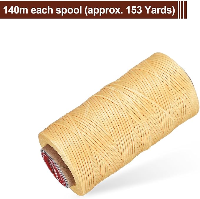 uxcell Flat Leather Sewing Waxed Thread, 140m / 153 Yards Polyester Wax String, 300D Wax Stitching Cord for Leather Crafts, Bookbinding, Bracelets Braided, Yellow Brown