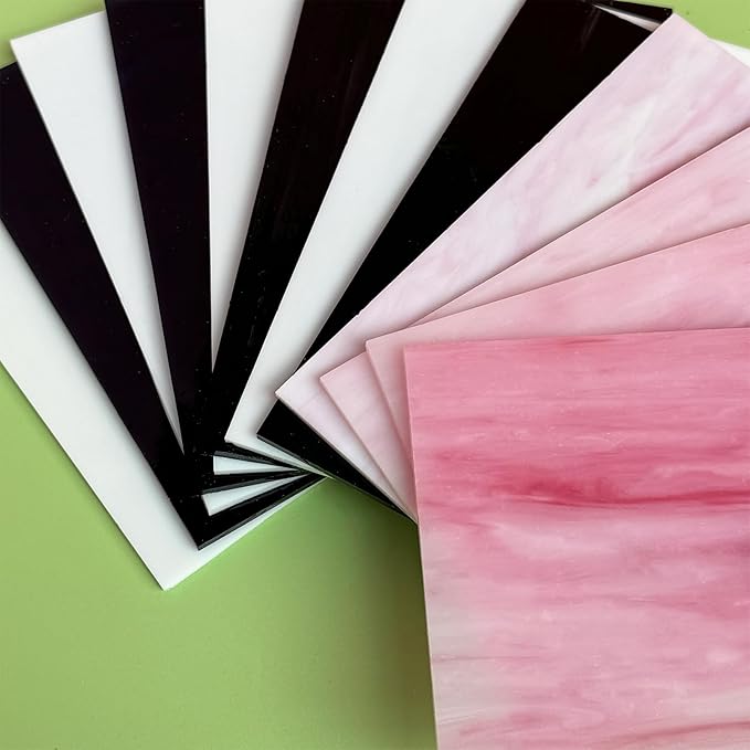 ILLUCKAI 12 Sheets Black + White +Pink Stained Glass Sheets, 4 x 6 inch Stained Glass Supplies Mosaic Glass Pieces Tiles for Mosaic Art Crafts