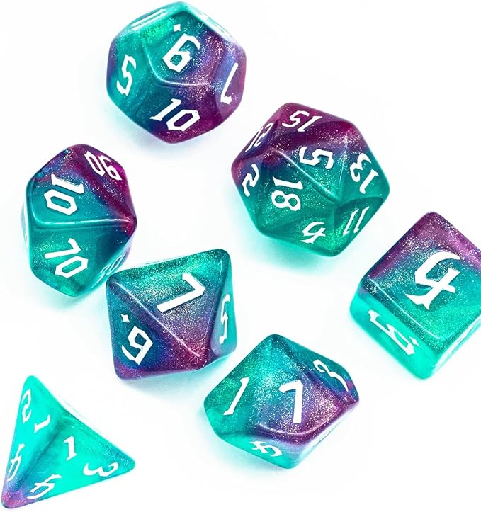 7-Die DND Dice Set Polyhedral Dice Set with a Leather Bag, D&D Dice Set for Dungeons and Dragons, RPG Table Games (Rose Blue w/Glitter)