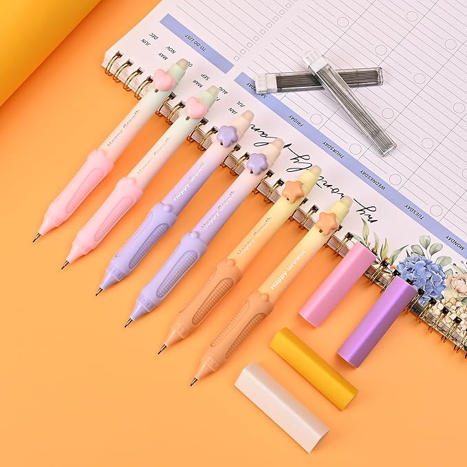 Temiary Cute Mechanical Pencil Set with Case, 6 Pcs Medium Point 0.9 mm Pencils with 2 Tubes HB Lead Refills, 4 Pcs Erasers for School Supplies Student Writing, Drafting Drawing Sketching (Pastel)